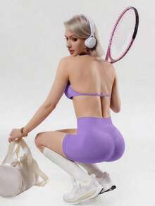 Women's Summer 2 Pieces Pink Top And High-Waist Shorts Set, Suitable For Sports, Yoga, Pilates, Gym, Running - Purple - View 6