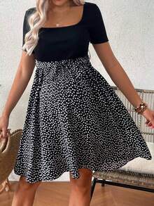 Vestido de maternidad de verano informal con parches y estampado floral diminuto de manga corta - Azul - Ver 4
