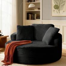 55'' Oversized Round Chair Lounge Chaise Indoor, Large Circle Chair With Deep Seat , Corduroy Sponge Single Sofa With Pillow, No Assembly Required, Boneless Couch For Living Room, Bedroom, Reading - Black - View 5