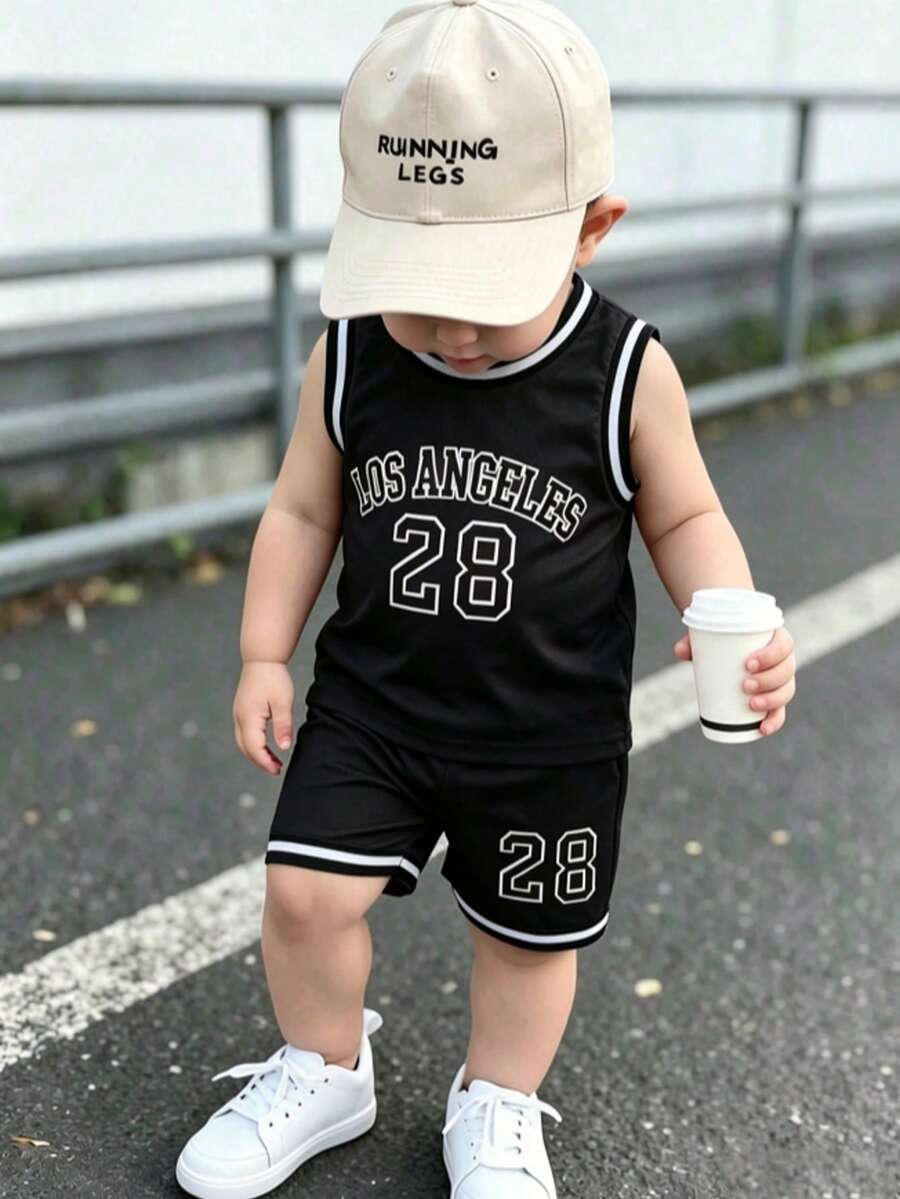 2件套婴儿篮球无袖字母印花圆领背心和短裤休闲套装,夏季 - 黑色 - 查看 1