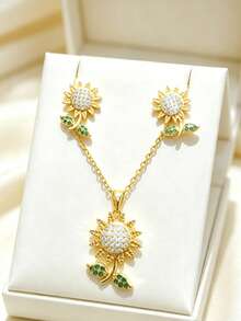 1 Set Stainless Steel Chain Zirconia Sunflower Pendant Women's Fashion Necklace & Earrings Jewelry Set, Gift Accessory - Style a - View 6