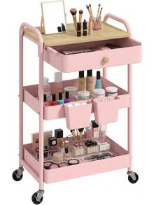 3 Tier Rolling Cart Metal Utility Cart With Wooden Table Top Drawer Hanging Cups Storage Cart For Kitchen Bathroom Office - Pink - View 1
