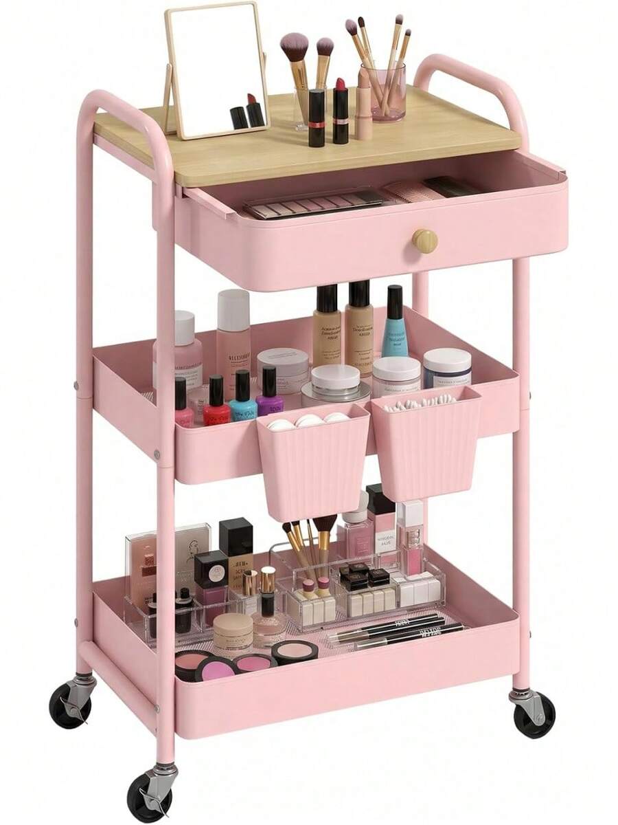 3 Tier Rolling Cart Metal Utility Cart With Wooden Table Top Drawer Hanging Cups Storage Cart For Kitchen Bathroom Office - Pink - View 1