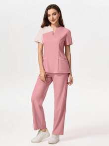 TaskEZ Medical Pajama Uniform Set With Short Sleeve V-Neck Top And Contrasting Pants - Rose - View 1