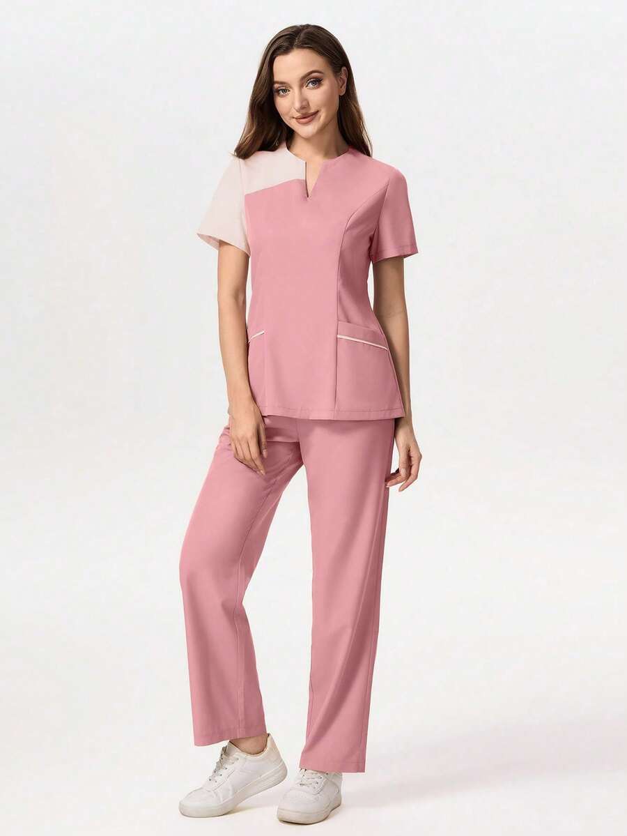 TaskEZ Medical Pajama Uniform Set With Short Sleeve V-Neck Top And Contrasting Pants - Rose - View 1