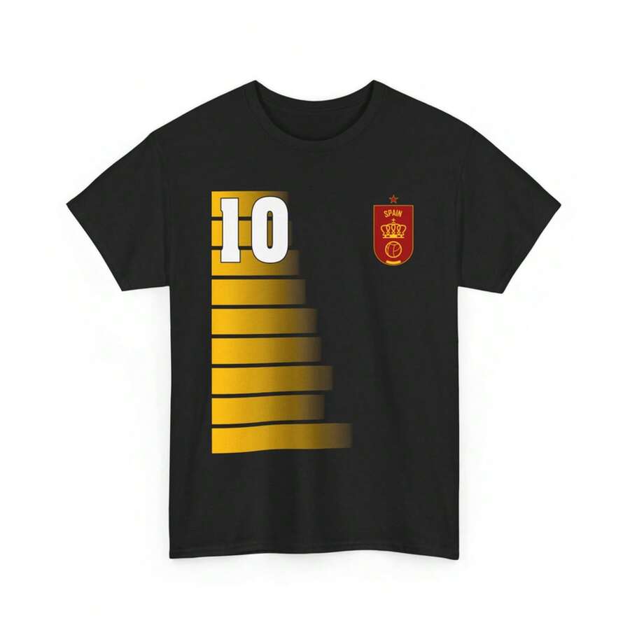 Camiseta de Fútbol de España, Camiseta Estilo Jersey con Bandera Española y Número 10, 100% Algodón, Cómoda, de Manga Corta, para Festivales de Música y Uso Diario, para Hombres y Mujeres, Moda Casual Urbana. - Negro - Ver 1