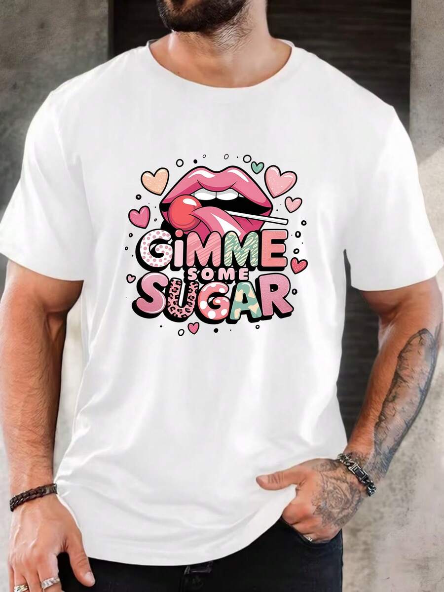 Tricou casual de zi pentru bărbați, din bumbac pur, cu mânecă scurtă, imprimare grafică Gimme Some Sugar - alb - Vizualizare 1