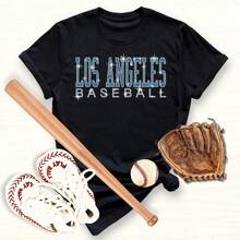 Los Angeles Baseball Rhinestone Shirt Sparkling Fan Apparel Tee - - Black 5 - View 1
