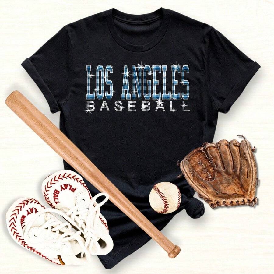 Los Angeles Baseball Rhinestone Shirt Sparkling Fan Apparel Tee - - Black 5 - View 1