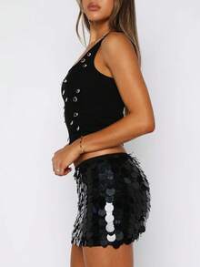 Women Y2k Sequin Short Skirt Sparkly Shiny Elastic Waist Short Skirt Summer Glitter Party Outfits Night Out Clubwear - 黑色 - 查看 2