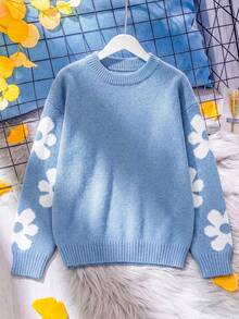 Sweater Rajut Lengan Panjang Leher Bulat Motif Bunga Manis untuk Anak Perempuan, Cocok untuk Musim Gugur dan Musim Dingin, Kasual, Hangat. - Biru - View 1