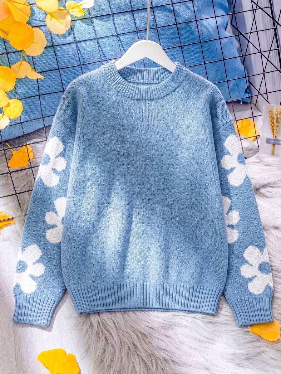 Sweater Rajut Lengan Panjang Leher Bulat Motif Bunga Manis untuk Anak Perempuan, Cocok untuk Musim Gugur dan Musim Dingin, Kasual, Hangat. - Biru - View 1