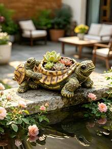 1件裝迷人母子海龜造型植栽裝飾品－創意樹脂動物雕塑，適合多肉植物與綠色植物，室內/室外園藝裝飾，陽台、露台、花園適用，完美海龜主題花園裝飾 - A - 查看 5