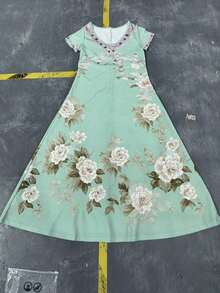 Ladies' Summer V-Neck Short Sleeved Mid Length Skirt, Elegant And Exquisite, Suitable For Travel And Beach Vacations, With Printed Items. - BJ51-0319-03 - View 3