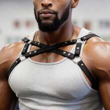 Arnés de pecho Bulldog para hombre, accesorio de arnés sexy ajustable de cuero PU para hombre, adecuado para atuendo de fiesta rave, cosplay, estilo gótico callejero, discoteca - Negro - Ver 9
