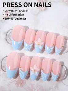 24片長杏仁形3D凝膠美甲貼紙，花卉圖案法式美甲貼紙，中長3D合金十字珍珠裝飾，完美貼合壓克力假指甲，含1片雙面黏貼貼紙和1個美甲銼條，豹紋與法式美甲適合女性日常工作、假期、派對 - 淺藍色 - 查看 4