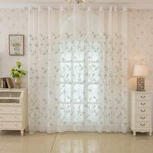 1 pieza Cortina de tul transparente con base blanca y bordado de flores pequeñas en color verde claro, estilo floral francés pastoral fresco, de poliéster semitransparente con dobladillo ondulado rectangular, cortina decorativa de gasa que filtra la luz, filtra la luz suavemente, ligera y brumosa para decoración de ventanas, adecuada para dormitorio, sala de estar, ventana mirador, decoración suave, escena del hogar pastoral fresca y curativa, uso en todas las estaciones - Verde - Ver 1