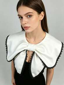 1 Pc Detachable Bowknot False Collar White Lace Trim Satin Cape Collar, Vintage Lolita Style Dickey Collar, Versatile Accessory For Blouses & Dresses - White - View 3