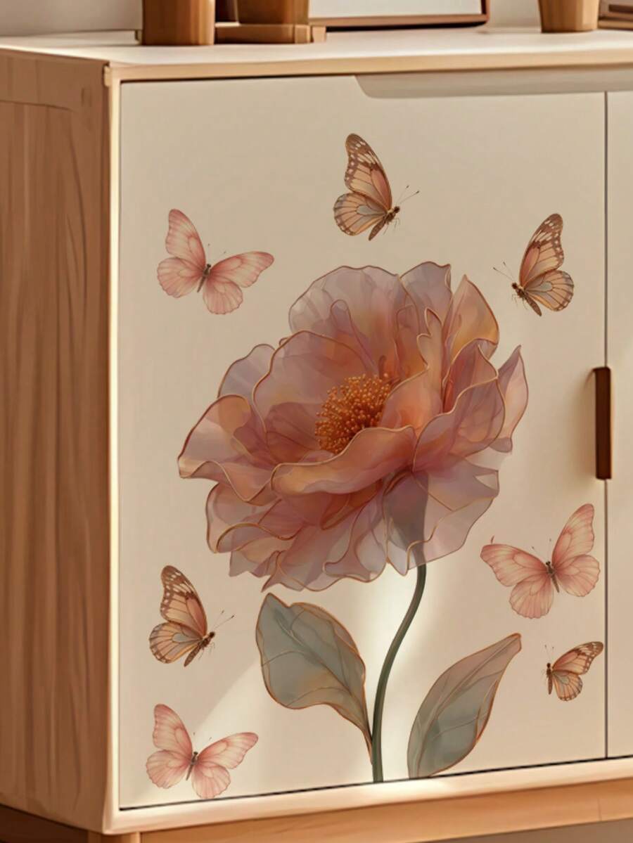 1pc Translucent Soft Pink Peony Blooming With Butterflies Wall Decor Sticker, Removable Wall Decal For Bedroom, Living Room, Entryway - 1PC - View 1