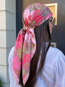 1件 90cm 大尺寸時尚花卉印花女款方巾休閒防曬頭巾 - 玫瑰紅 - 查看 6