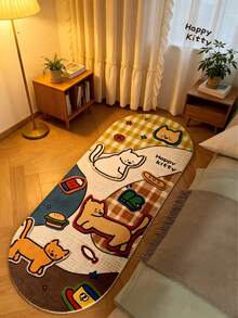 1pc Cute Cat Pattern Oval Non-Slip Floor Mat, Soft Fluffy Bedside Rug, Washable Floor Carpet, Suitable For Bedroom, Living Room Home Decor - Mocha Brown - View 5