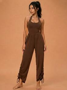 Never me Women's Casual Everyday Commute Solid Color Drawstring Ruched Ankle Backless Jumpsuit, Suitable For Running, Workout, Yoga, Slim Fit, Stretchy & Comfortable - Brown - View 4