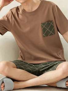 AICJ 2pcs Men's Solid Color Casual Loose Minimalist Pocket Round Neck Short Sleeve Plaid Shorts Pajama Set, Suitable For Spring & Summer - Brown - View 4
