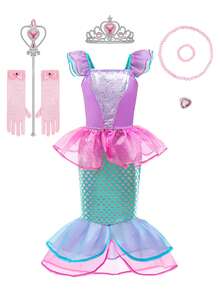 8 peças/Conjunto Acessórios de Vestido de Sereia Rosa Sem Mangas com Estampa Floral para Meninas, Conjunto de Fantasia de Princesa Infantil para Festa, Natal, Halloween - Rosa chiclete - Visão 12