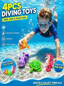 4pcs Pool Toys (1 Salamander * 1 Turtle * 1 Lobster * 1 Seahorse, Random Color) Seahorse, Turtle, Lobster Sink In Water, Only Salamander Spins And Rises. Diving Set, Diving Pool Toys, Bathtub Toys, Swimming Pool Toys, Swimming Toys, Suitable For Children's Diving Sports And Breath-Holding Practice, Summer Beach Water Games, Children's Birthday Gift, Water Party Entertainment - Multicolor - View 2