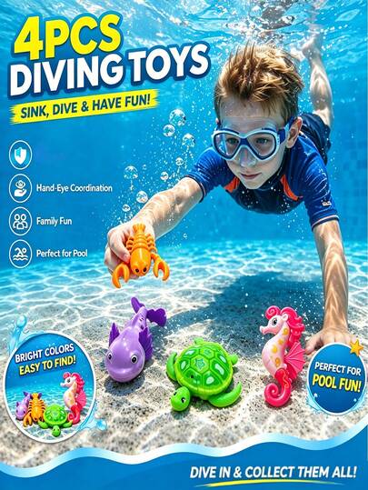 4pcs Pool Toys (1 Salamander * 1 Turtle * 1 Lobster * 1 Seahorse, Random Color) Seahorse, Turtle, Lobster Sink In Water, Only Salamander Spins And Rises. Diving Set, Diving Pool Toys, Bathtub Toys, Swimming Pool Toys, Swimming Toys, Suitable For Children's Diving Sports And Breath-Holding Practice, Summer Beach Water Games, Children's Birthday Gift, Water Party Entertainment