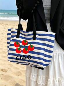 Striped Canvas Bag With Colorful Fruit Pattern, Large Capacity Beach Bag, Striped Travel Tote Bag Suitable For Beach, Pool, Vacation And Daily Use, Can Store Swimwear, Towels, Sunscreen And Beach Essentials, Suitable For Women, Girls, Travelers And Beach Lovers, Perfect For Summer Vacation, Birthday And Holiday Gifts, Can Be Used As Beach Bag, Pool Bag, Vacation Bag And Travel Storage Bag - Multicolor - View 6