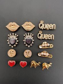 14pcs Gold Fashionable Lips, Crown, Heart, Pin, Star And More ABS Resin Shoe Charms, Clog Shoe Decorations DIY Creative Casual Accessories - Fun, Versatile Personalized Footwear Style, Perfect Gift For Holidays, Parties And Special Occasions - Gold - View 7