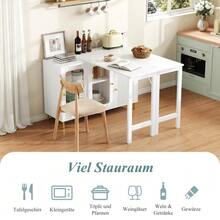 Moderner weißer Buffet-Sideboard mit klappbarer und ausziehbarer Tischplatte, drehbarer Oberfläche, goldenen Metallbeinen, Glasschiebetüren und Wellenmuster – Perfekt für Esszimmer und Küche - Weiss - Übersicht 5