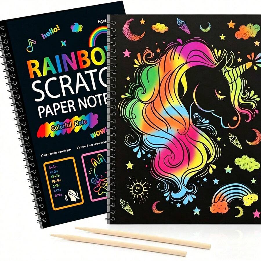 Rainbow Scratch Art Notebook Set, Black Scratch Art Supplies With Writing Pen, Creative Painting Set, Art Painting, Suitable For School Projects And Holiday Gifts, Durable Paper Material - RAINBOW SCRATCH PAPER NOTE-a - View 1