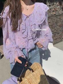 A Light Apricot-Colored Ruffled Off-Shoulder Blouse, A New Summer Style, An Irregularly Shaped Short Off-Shoulder Top. - Purple - View 2
