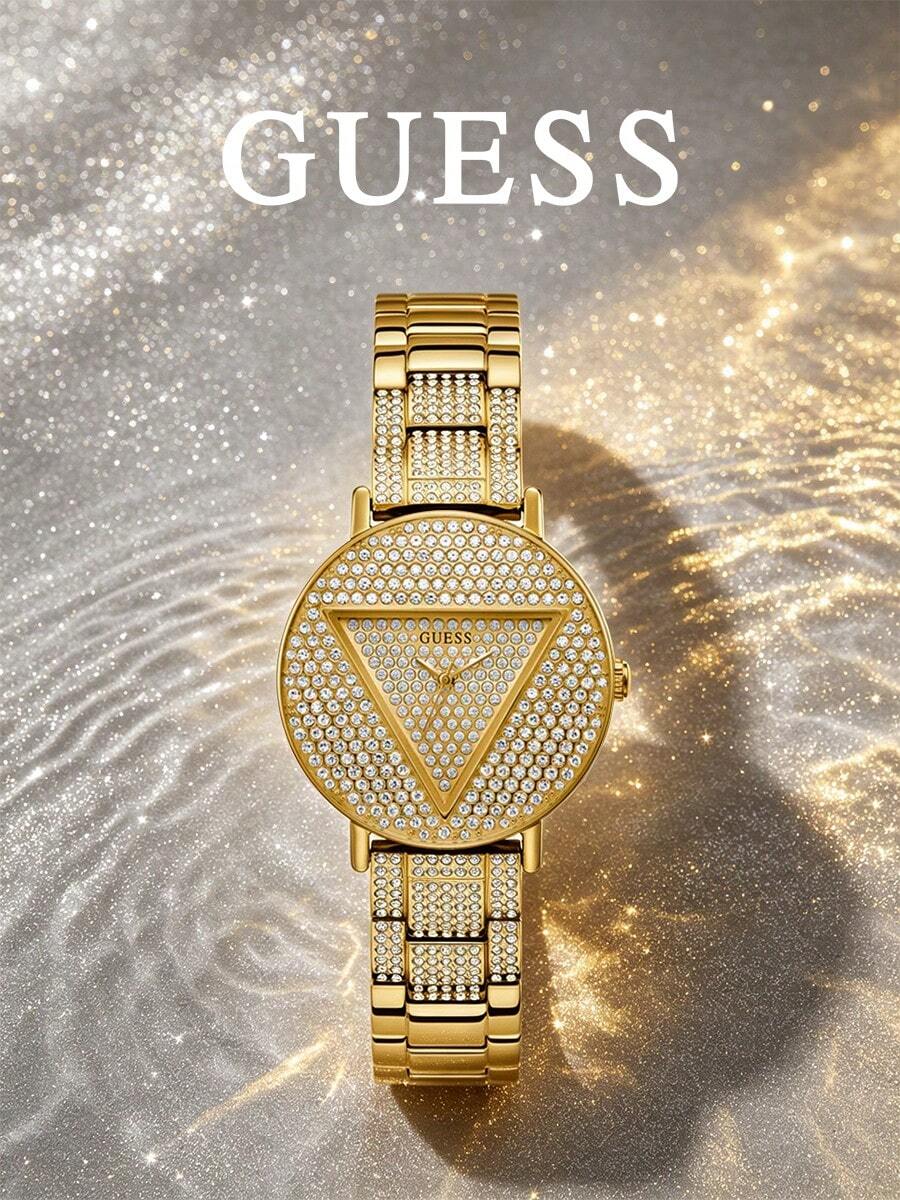 輕奢全水鑽星空女款石英手錶,金色不鏽鋼錶帶,三角形Logo水鑽錶盤,時尚百搭防水配件,適合日常通勤、約會、派對、晚宴、購物、度假,送女友、閨蜜、媽媽的禮物,生日、情人節、母親節、週年紀念,精緻高端 GUESS 型號 GW0512L2 - 金色 - 查看 1