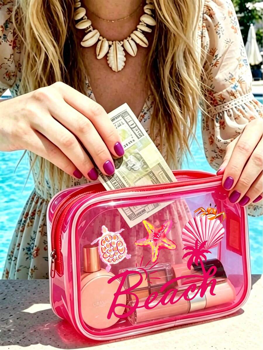 Transparent Waterproof Storage Bag, Zippered Cosmetic Bag With Cartoon Ocean Shell Pattern, Large Capacity Waterproof Multi-Functional Storage Pouch, Women's Transparent Toiletry Bag, Foldable Lightweight Wash Bag, Portable Travel Personal Care Cosmetic Organizer. Teacher's Day Gift, Mother's Day, Back To School, Vacation - Multicolor - View 1