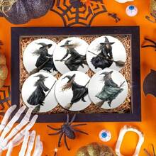 6 piezas de posavasos de PET, elementos de Halloween, diseño vintage de bruja montada en escoba dibujado a mano, posavasos resistentes al calor, lavables, económicos, adecuados para decoración de eventos y fiestas, centro de mesa, decoraciones de Halloween, Navidad y Acción de Gracias - Posavasos de PET - 1821 - Ver 4