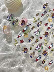 Pegatinas de uñas de verano con relieve 3D de concha brillante y pez de mar profundo, calcomanías de uñas de estilo oceánico de verano con pez pequeño de dibujos animados 3D - Multicolor - Ver 7