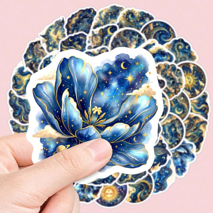 50pcs Mythological Universe Grotesque Ins Style Highly Attractive Planet & Floral Creative Waterproof Stickers For Journal, Phone Case, Notebook - A - View 1
