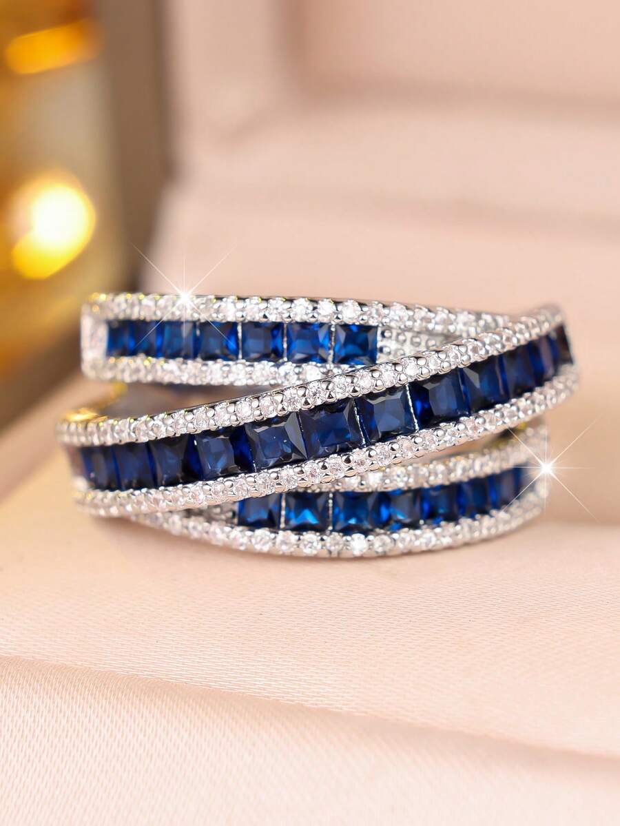 1 pieza Anillo de mujer con diseño de arte de línea geométrica creativa y strass azul, adecuado para todas las celebraciones especiales durante todo el año, realza tu encanto - Azul - Ver 1