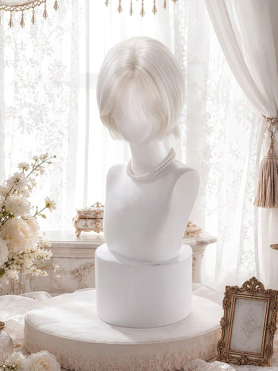 alicegarden 12 Inch Synthetic Short Wavy Wig, Natural Straight Hair Style, Stunning Platinum Blonde, Middle Part Design, Perfect For Women's Daily Wear, Party, Cosplay, Natural And Durable Wig Gift, Halloween - Gold - View 1