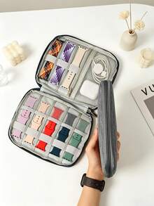 Solid Color Data Cable Storage Bag, Watch Band Storage Bag, Multi-Functional Storage Bag, Portable Rope Design Easy To Carry, Multi-Elastic Compartment Storage, Size 20cm * 17cm / 8.66 Inches * 6.69 Inches, Suitable For Cables, Chargers, Phones, Watch Bands, Earphones - Multicolor - View 4