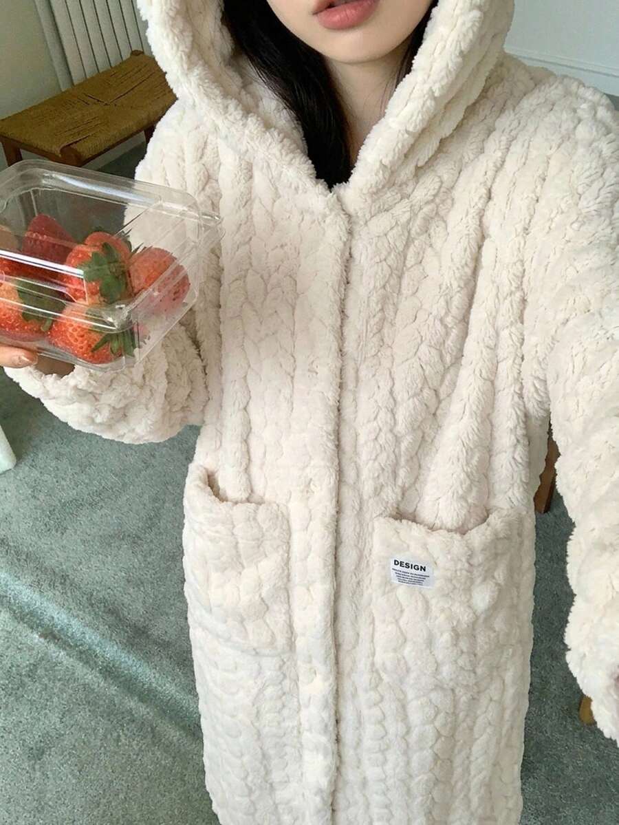 DAZY 女士纯色羊毛提花休闲睡袍，秋冬季保暖保暖连帽宽松长袖法兰绒浴袍，带口袋，睡衣，适合秋冬季穿着，蓬松舒适 - 米色 - 查看 1