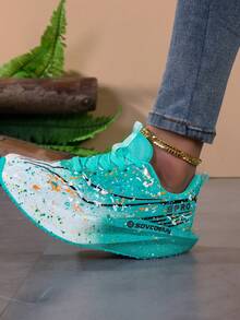 Women Color Splatter Graffiti Print Running Sneakers, Breathable Mesh Upper Cushioned Speckled Thick Sole Athletic Shoes, Lightweight Lace Up Sport Trainers For Jogging Daily Workout - Blue - View 6
