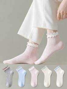 ZUJO 5 Pairs Cute Sweet Ruffle Trim Ankle Socks, Skin-Friendly Breathable Socks, Suitable For All Seasons Daily Wear, Random Colors - Multicolor - View 1