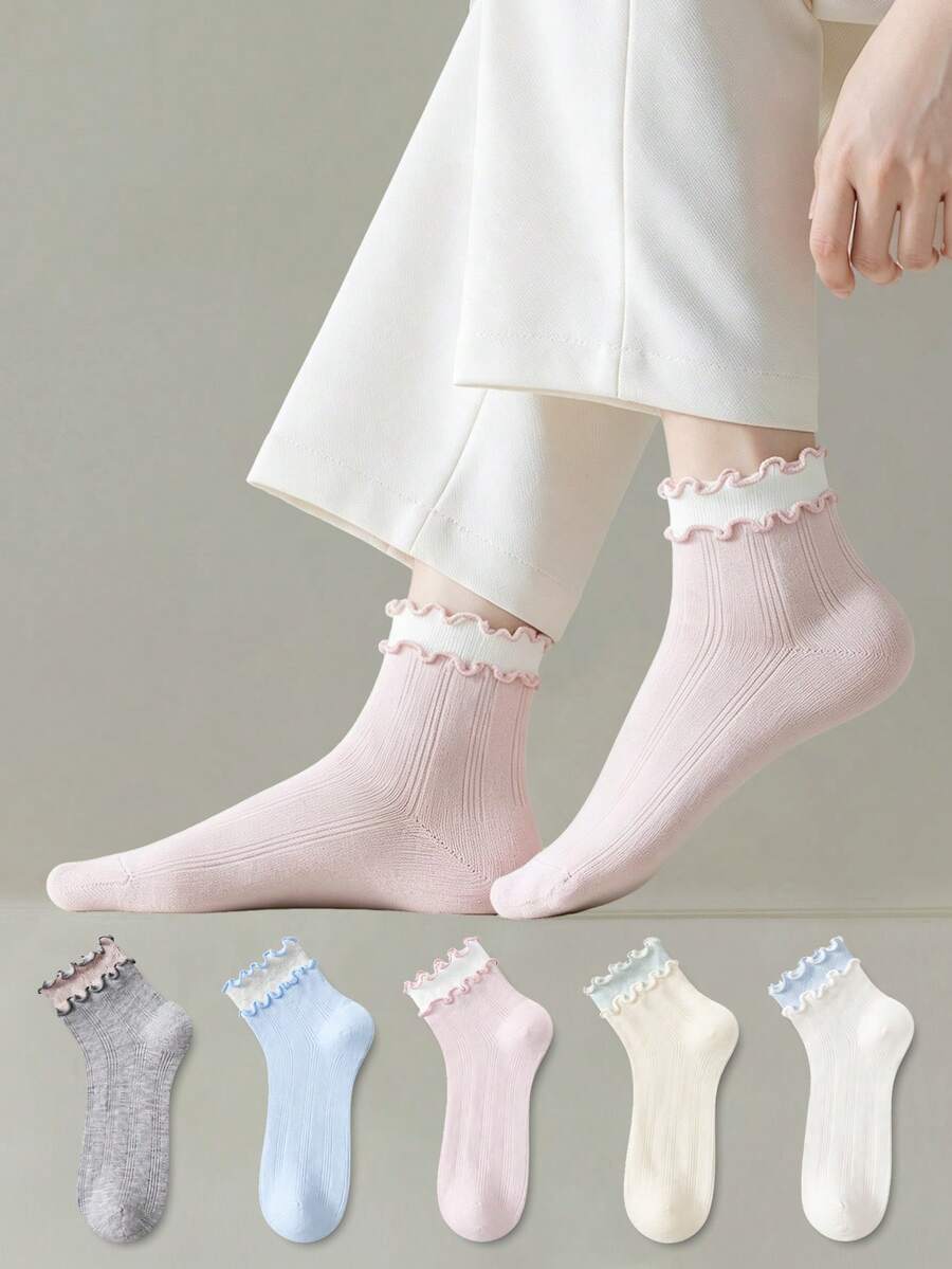 ZUJO 5 Pairs Cute Sweet Ruffle Trim Ankle Socks, Skin-Friendly Breathable Socks, Suitable For All Seasons Daily Wear, Random Colors - Multicolor - View 1