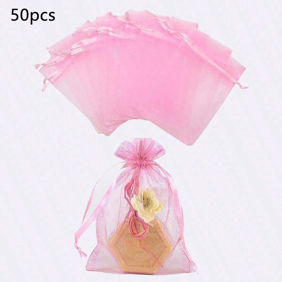 50pcs Organza Gift Bags, Jewelry Pouches, Small Mesh Bags With Drawstring, Suitable For Packaging, Jewelry, Small Gifts, Weddings Valentine's Day - Blue - View 1