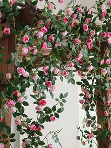 1pc 1.8m/5.9ft Long Artificial Rose Vine, Augsburg Tea Bag Flower Vine. Suitable For Home Decor, Wedding Party Decor, Garden And Yard Fence Decor - Multicolor - View 1