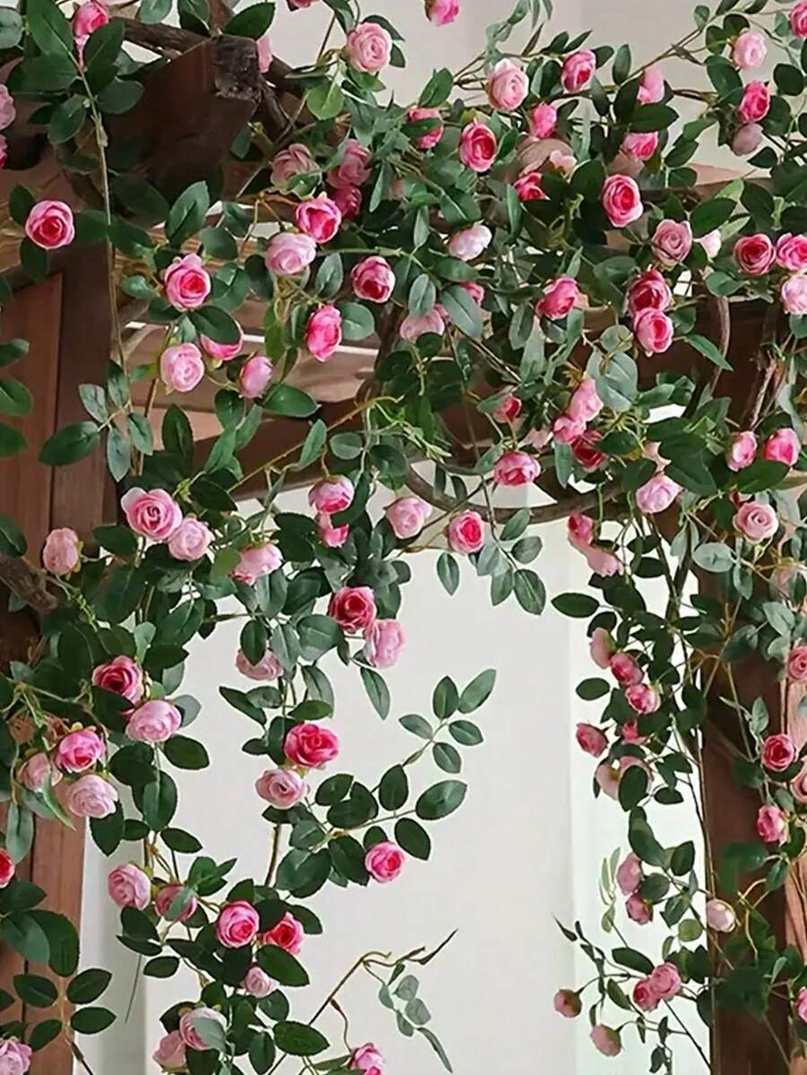1pc 1.8m/5.9ft Long Artificial Rose Vine, Augsburg Tea Bag Flower Vine. Suitable For Home Decor, Wedding Party Decor, Garden And Yard Fence Decor - Multicolor - View 1